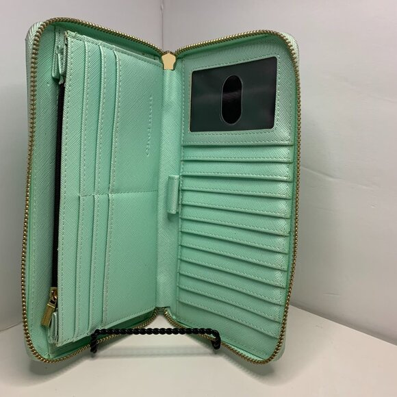 Chelmon Wristlet Zip Around Wallet Turqouise With Gold Hardware 8” X 4.5” - Picture 3 of 4